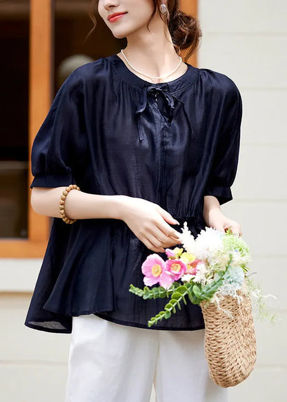 Loose Pink O-neck Patchwork Wrinkled Lace Tie Silk Shirt Summer