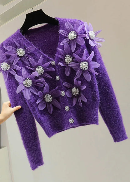 Purple Ma Hai Mao Thick Cotton Knit Sweater V Neck Winter