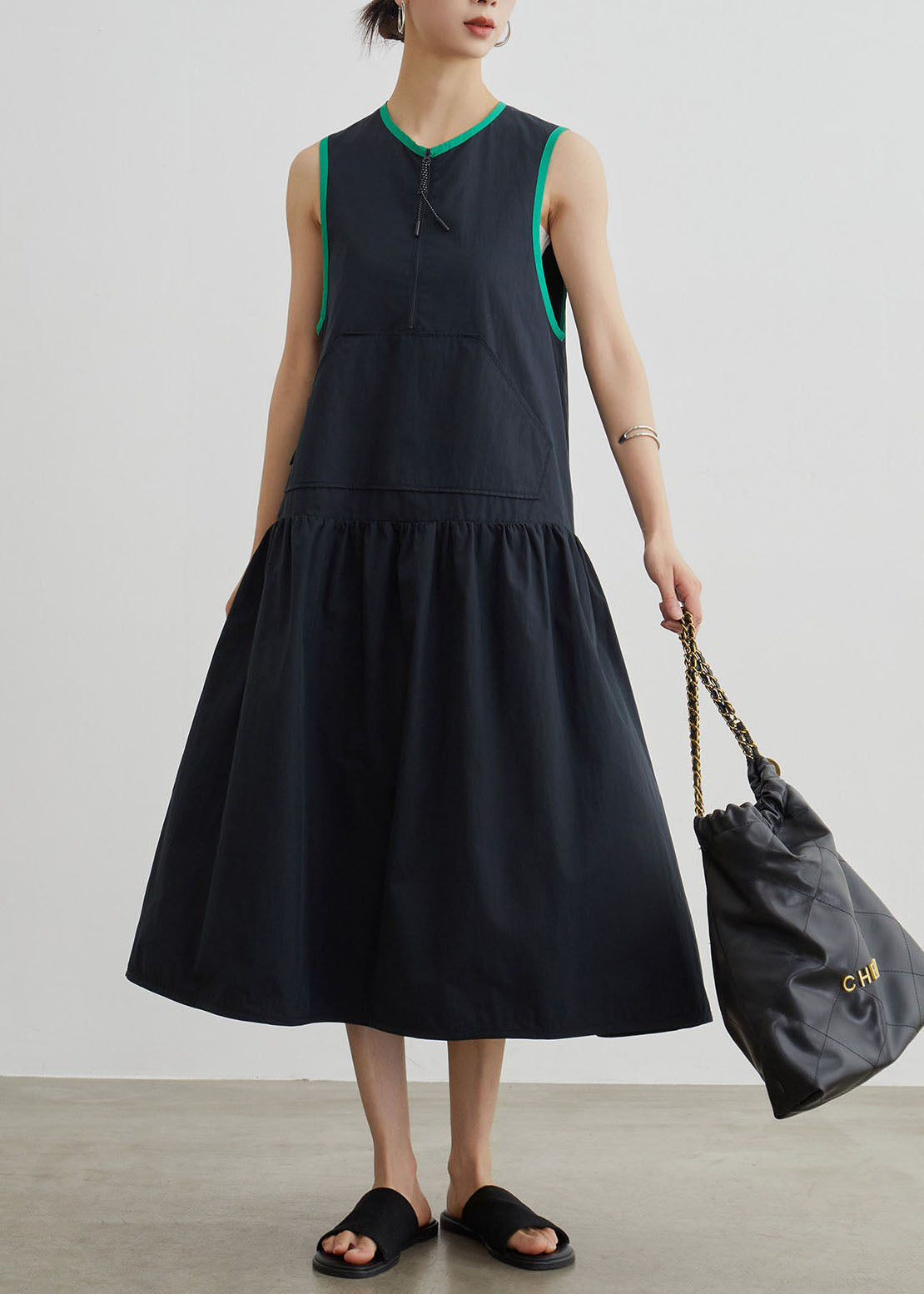 Black O Neck Patchwork Cotton Dress Sleeveless
