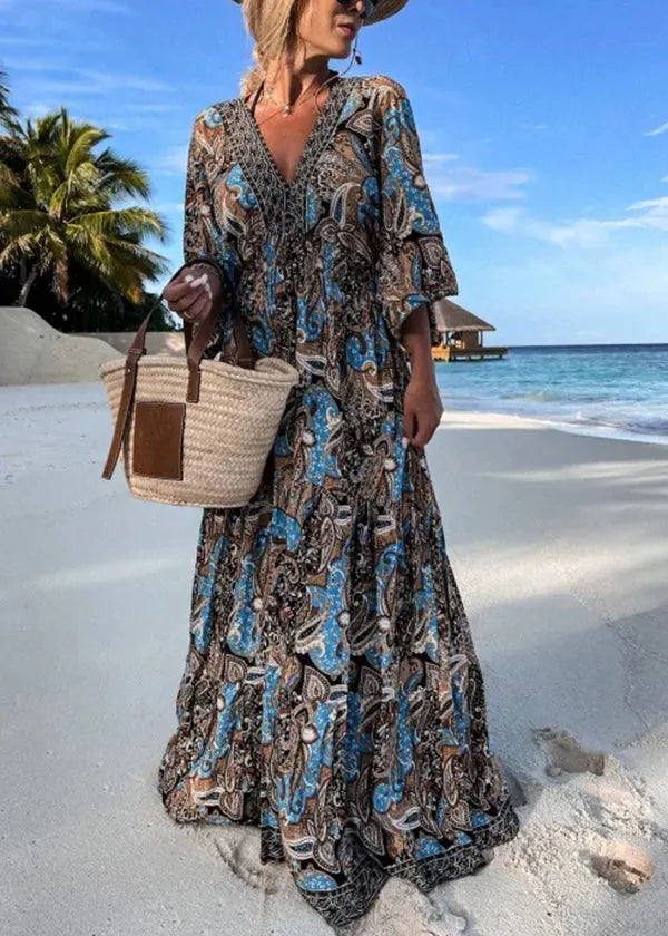 Purple V Neck Print Wrinkled Cotton Maxi Dresses Summer