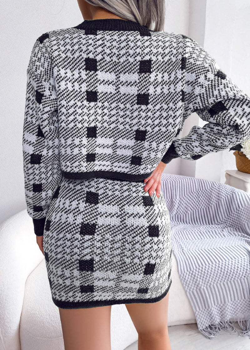 Black O Neck Sweaters and Skirts Knit Two Pieces Set Winter