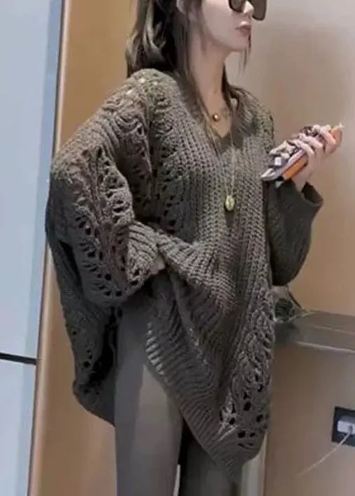 Loose Dark Gray V Neck Hollow Out Knit Sweater Spring