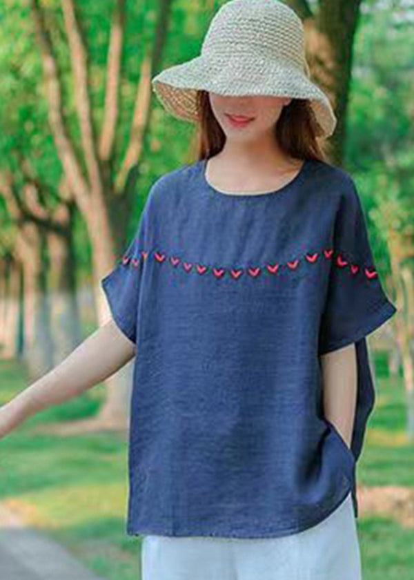 Navy O-neck Embroidered Cotton Tank Tops Short Sleeve