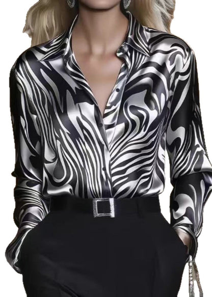 Modern Black Zebra Pattern Peter Pan Collar Silk Blouse Tops Spring