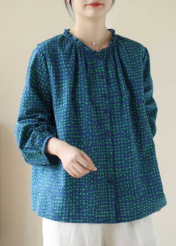 New Blue Ruffled Print Cotton Shirt Tops Spring