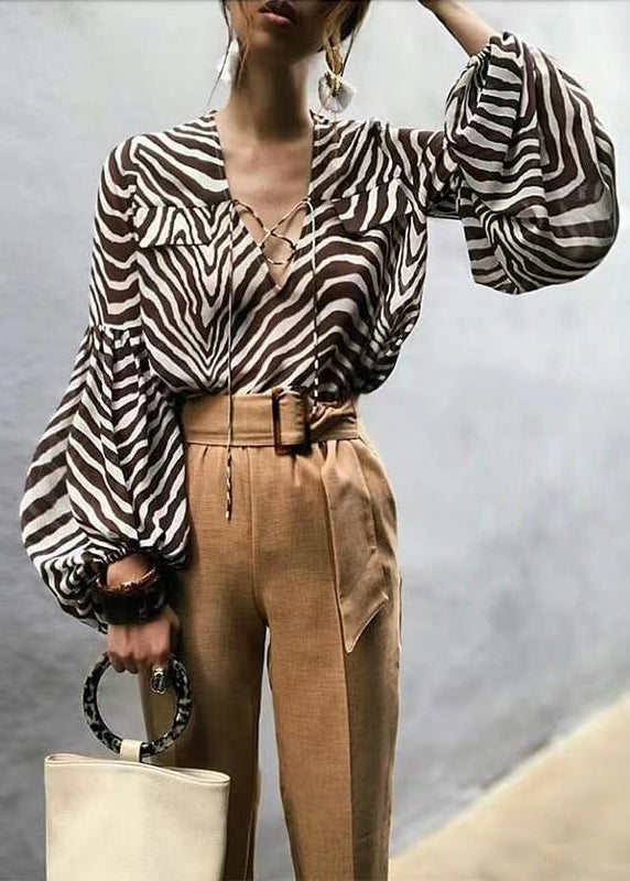 Striped Printed Long Sleeved Lace Up Shirt