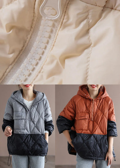 Orange Patchwork Black Hooded Loose Winter Down Coat