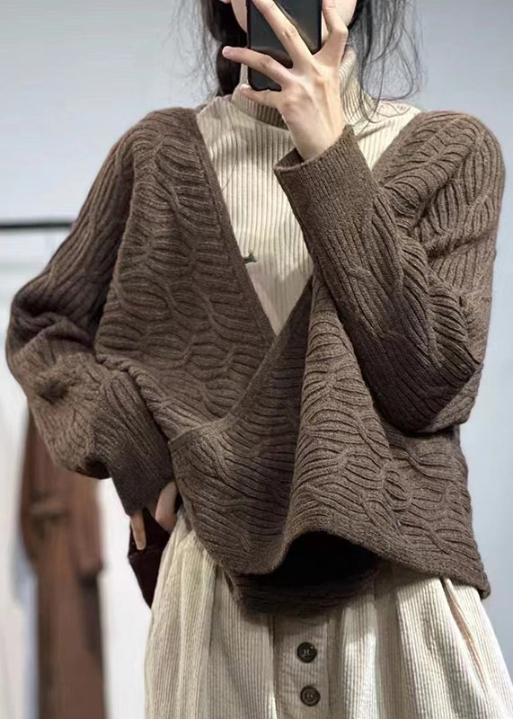 Coffee V Neck Button Cotton Knit Coats Fall