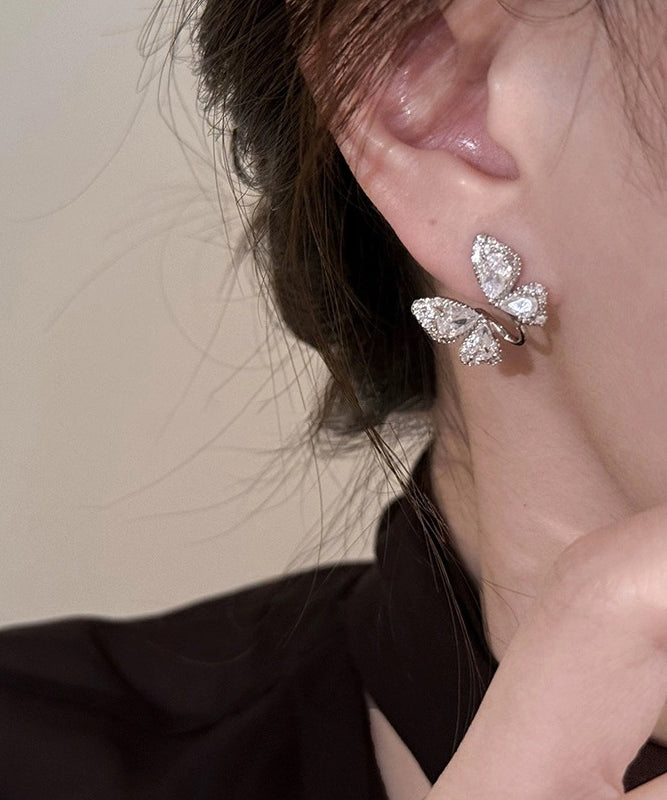 Stylish Silk Sterling Silver Zircon Butterfly Stud Earrings