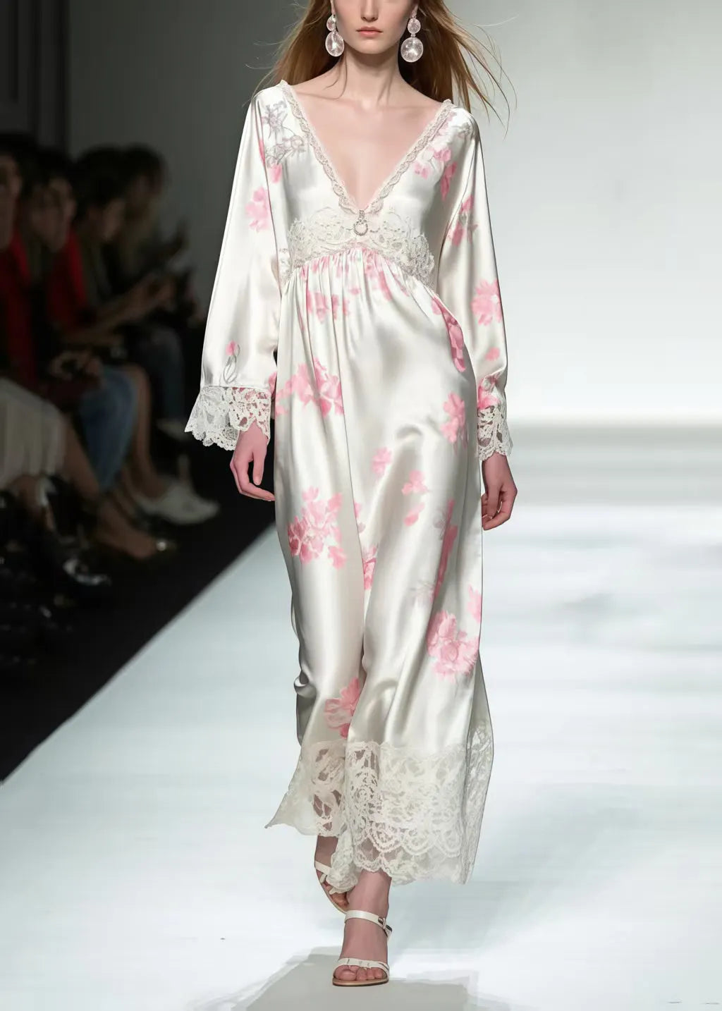 White Print Patchwork Lace Silk Maxi Dresses Spring