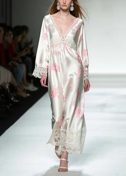 White Print Patchwork Lace Silk Maxi Dresses Spring