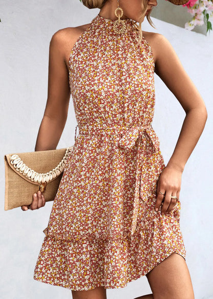 New Apricot Halter Print Lace Up Chiffon Mid Dresses Sleeveless