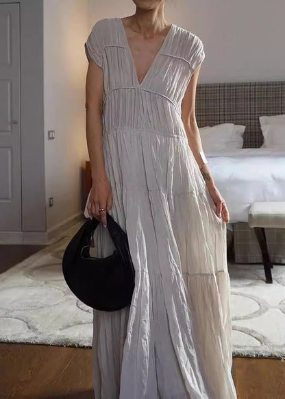New Grey V Neck Wrinkled Cotton Long Dress Summer