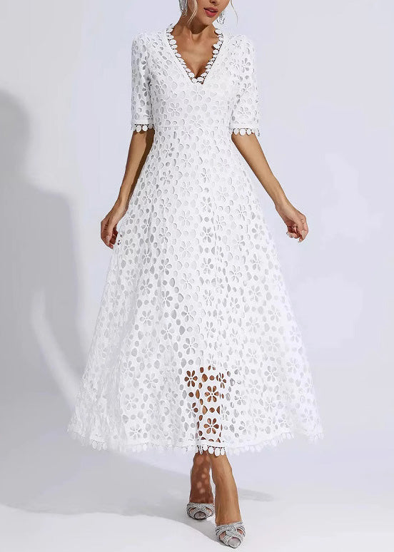White V Neck Hollow Out Lace Dress Summer
