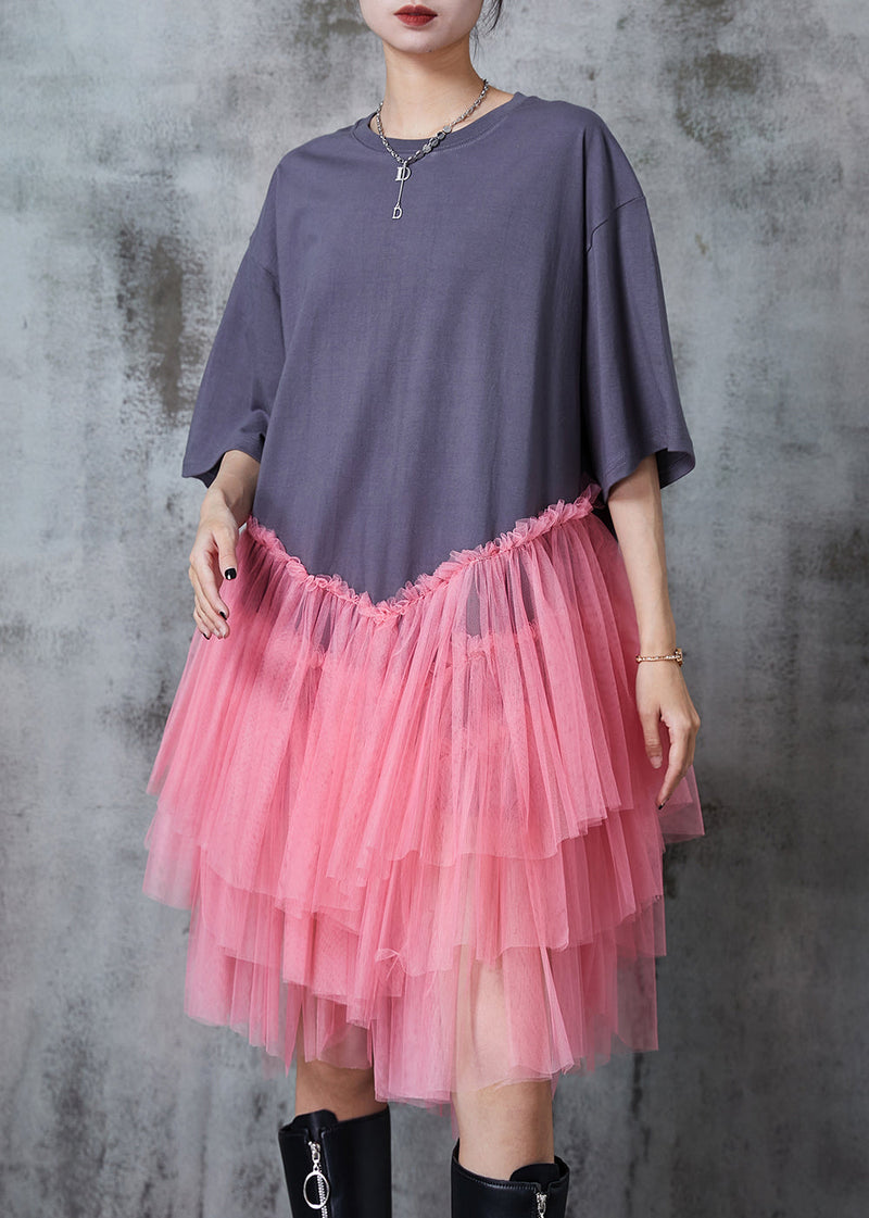 Art Grey Oversized Patchwork Tulle Dress Summer
