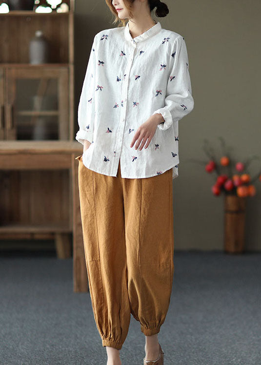 White Peter Pan Collar Embroidered Patchwork Linen Top Spring