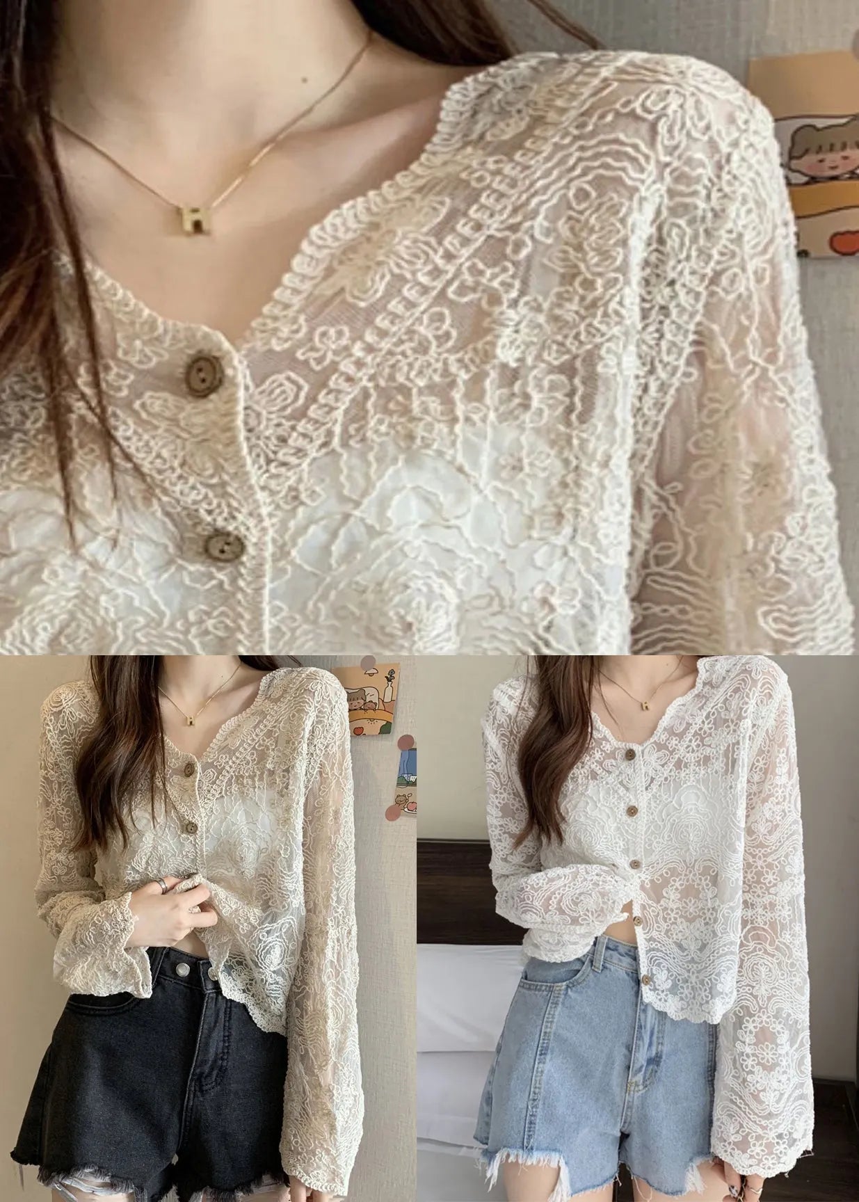 New Apricot V Neck Hollow Out Thin Lace Cardigans Summer