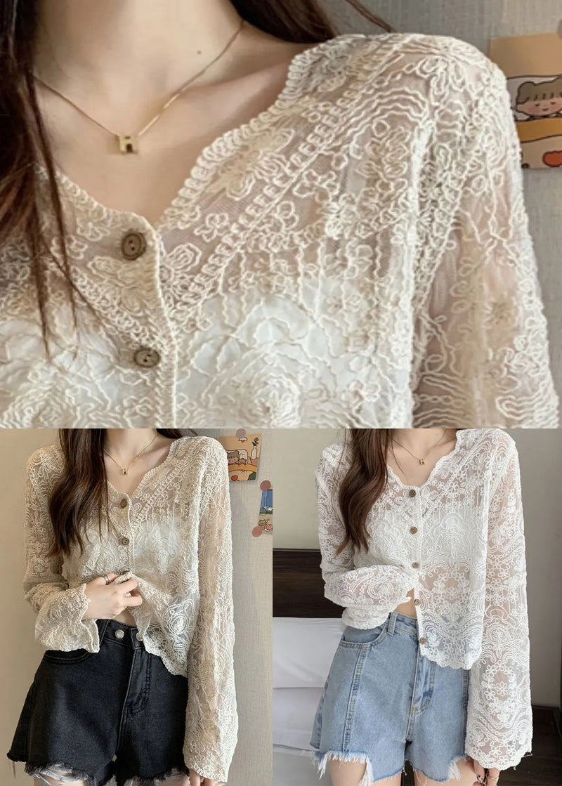 New Apricot V Neck Hollow Out Thin Lace Cardigans Summer