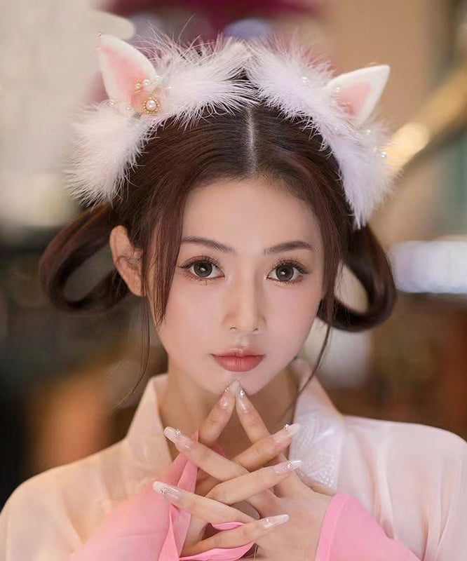 Watery Red Alloy Pearl Colored Glaze Cat's Ears Feather Hairpin and Ribbon Two-piece Set