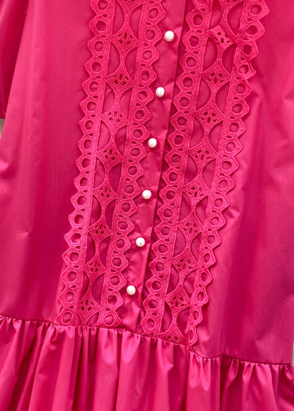 Rose Patchwork Lace Shirt Dress Lantern Sleeve