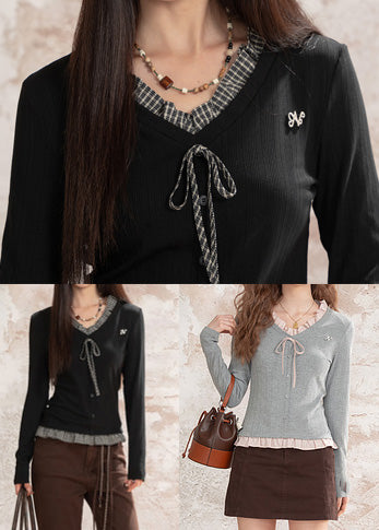 Boutique Grey Ruffled Patchwork Cotton Shirt Top Fall