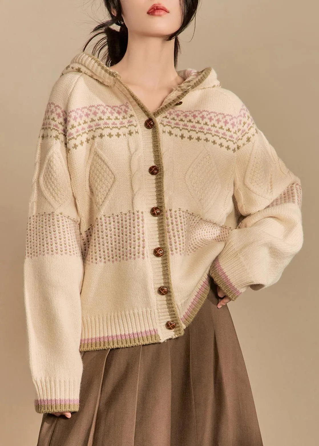 Loose Apricot Hooded Button Knit Coats Winter