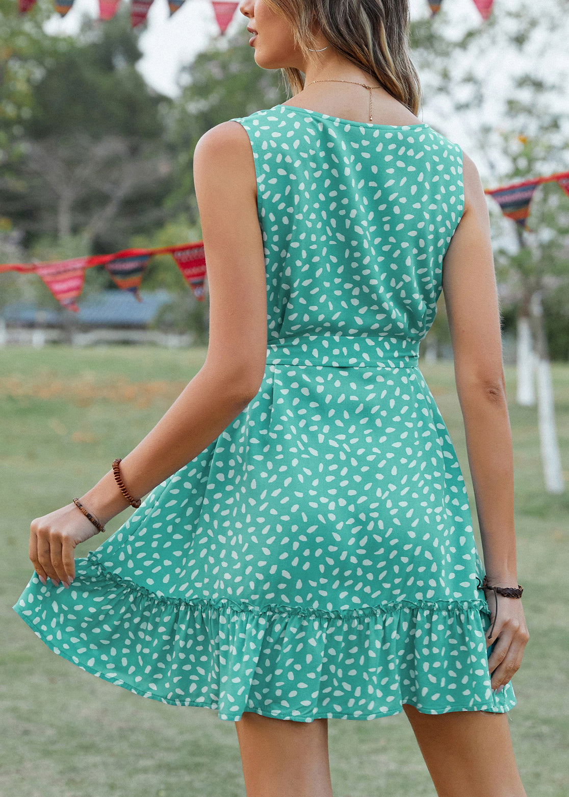 Unique Green Ruffled Print Cotton Mid Dresses Sleeveless
