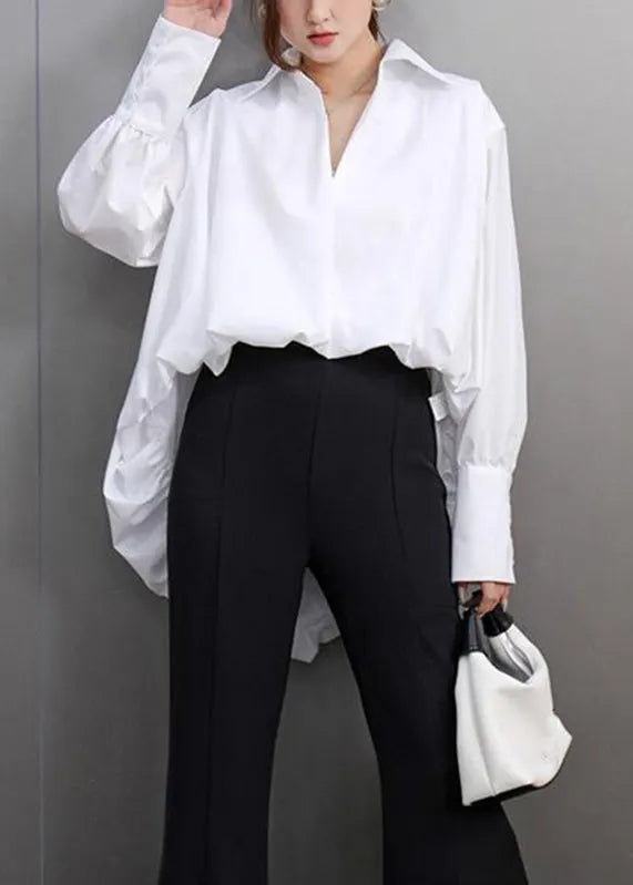 Simple White Peter Pan Collar Low High Design Shirts Spring