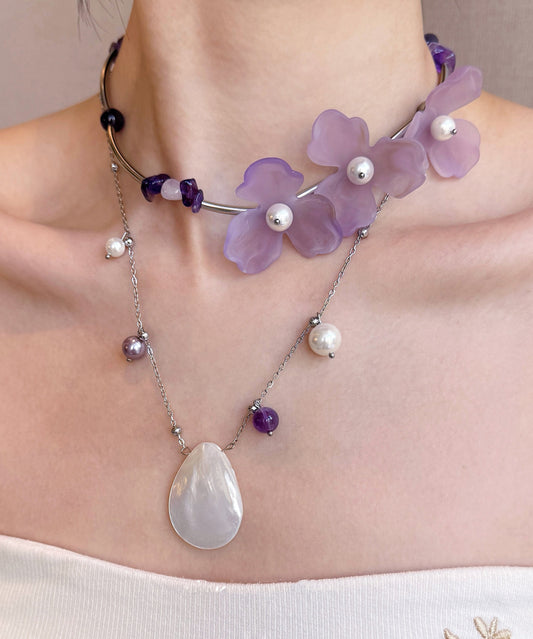 Purple Pearl Shell Alloy Two Piece Set Pendant Necklace