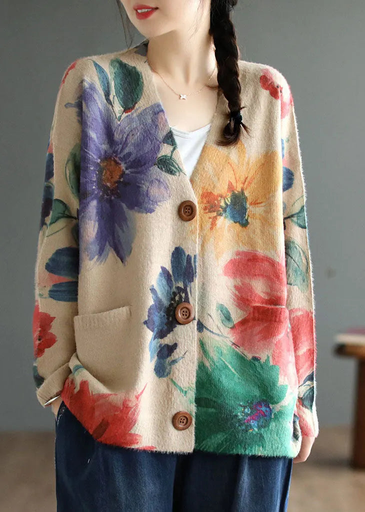 Diy Khaki V Neck Print Mink Hair Knitted Loose Coat Spring Sweater
