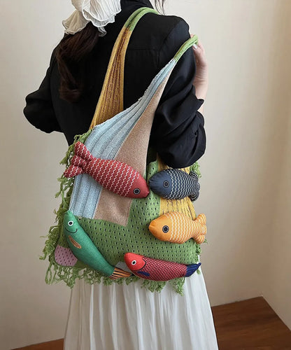 Original Design Khaki Tassel Knit Shoulder Bag
