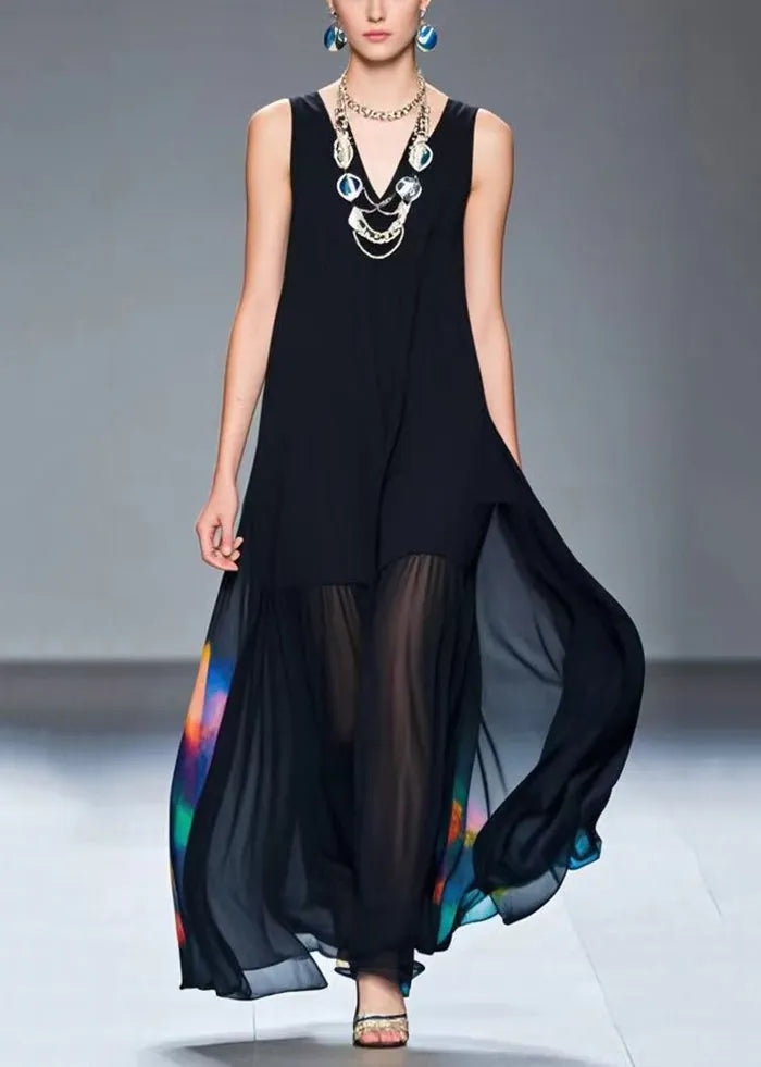 Art Black V Neck Tie Dye Chiffon a Line Dresses Summer