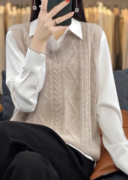 Camel V Neck Thick Cable Wool Knit Waistcoat Fall