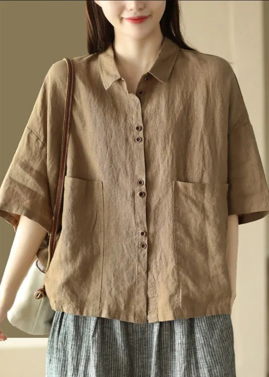 Simple Khaki Patchwork Button Linen Shirts Half Sleeve