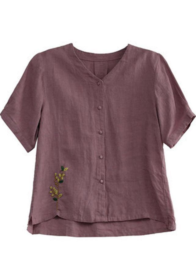 Loose Red-neckline Flowers V Neck Embroidered Summer Linen Shirt