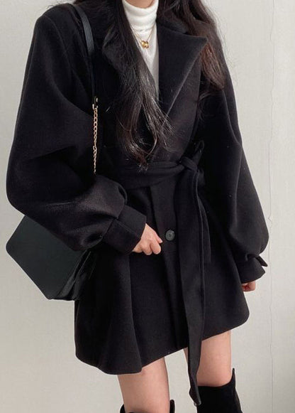 Style Black Peter Pan Collar Tie Waist Woolen Coat Lantern Sleeve