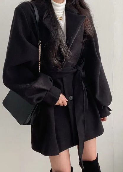 Style Black Peter Pan Collar Tie Waist Woolen Coat Lantern Sleeve