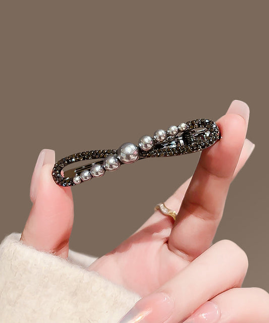 Black Metal Alloy Zircon Pearl Bow Hairpin
