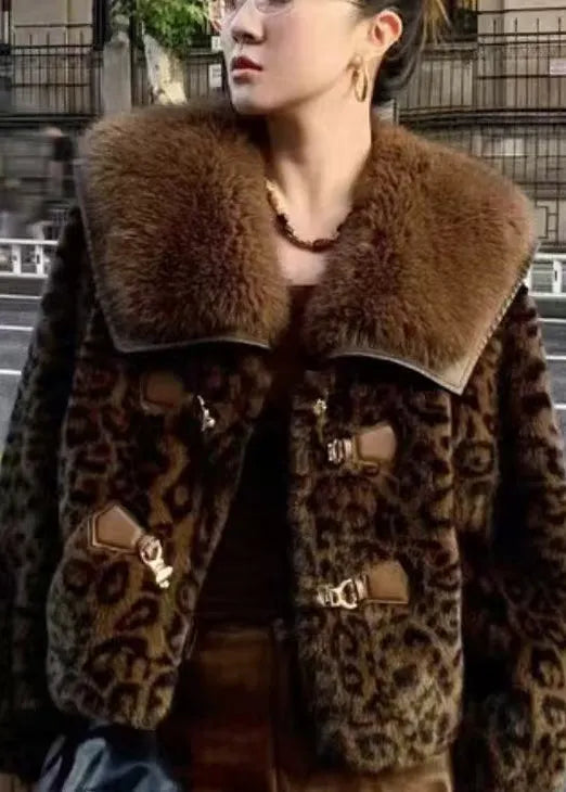 Leopard Peter Pan Collar Button Mink Hair Coats Winter