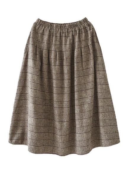 Khaki Plaid Cotton a Line Skirt Elastic Waist Thick Spring