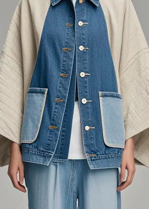 Colorblock Oversized Patchwork Denim Coat Outwear Batwing Sleeve