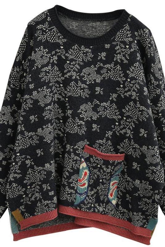 Autumn Knitted Pocket Split Hem Sweater