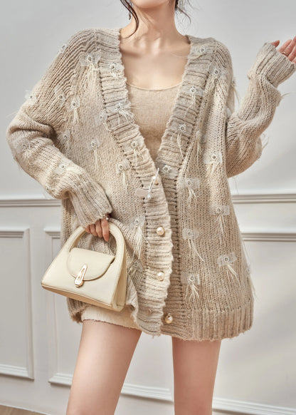 Unique Knit Cardigan Oatmeal Feather Zircon Cotton V Neck Spring