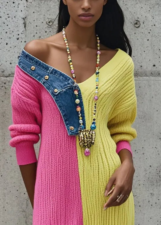 Rose Asymmetrical Patchwork Denim Knitted Dress Fall