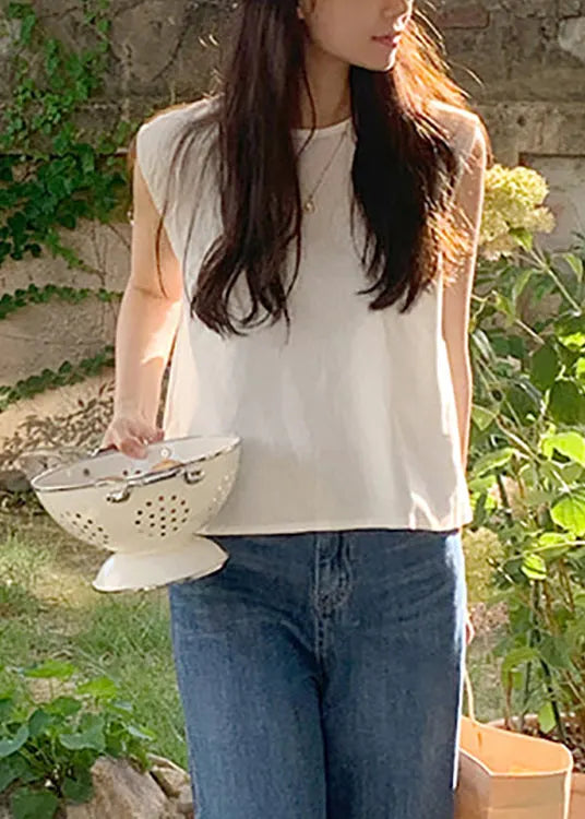 Simple White O Neck Linen T Shirt Tops Sleeveless