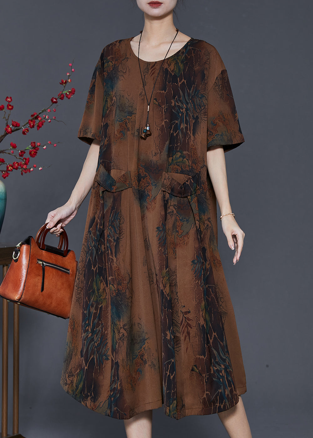 Stylish Coffee Oversized Print Pockets Silk Maxi Dresses Summer