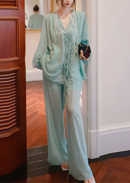 Modern Green O-neck Chiffon Top and Wide Leg Pants Two Piece Set Spring