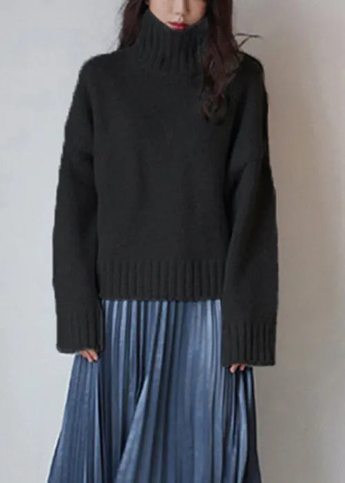 Blue Cozy Thick Knitted Cotton Sweater Turtleneck