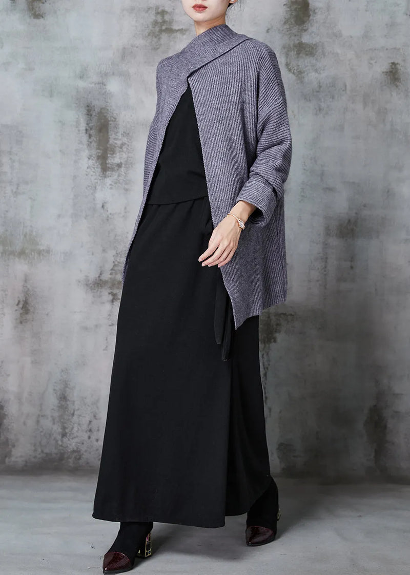 Fitted Grey Asymmetrical Silm Fit Knit Cardigan and Dress Two Pieces Set Spring