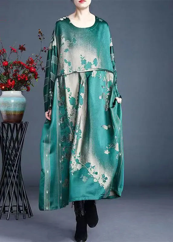 Jacquard Red O-neck Pockets Print Silk Maxi Dress Spring